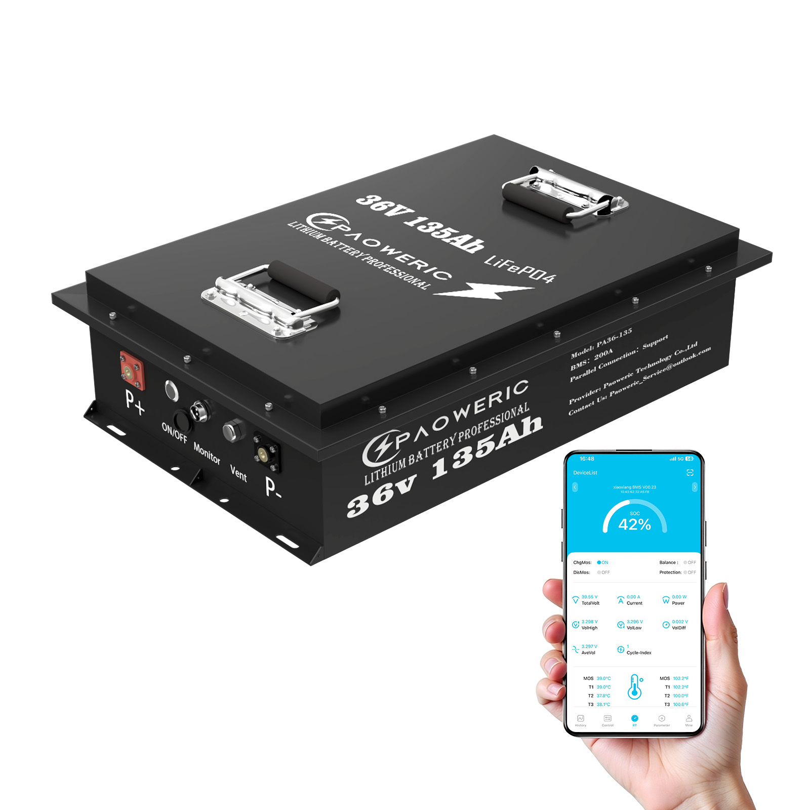 Smart Energy Monitor - PAOWERIC 36V 135Ah Bluetooth LiFePO4 Lithium-Eisenphosphat-Batterie